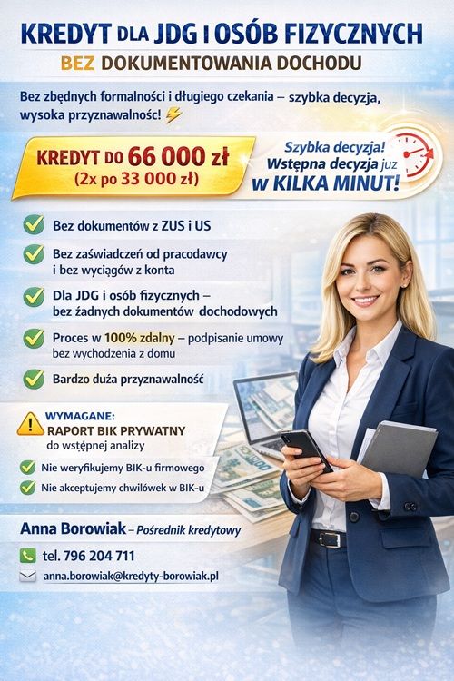 KREDYT DLA JDG I OSÓB FIZYCZNYCH BEZ DOKUMENTOWANIA DOCHODU! Wrocław - Zdjęcie 1